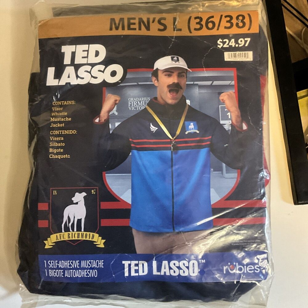 Ted Lasso Halloween Costume Men's Large 36 X 38 New Jacket Visor Whistle Mustach